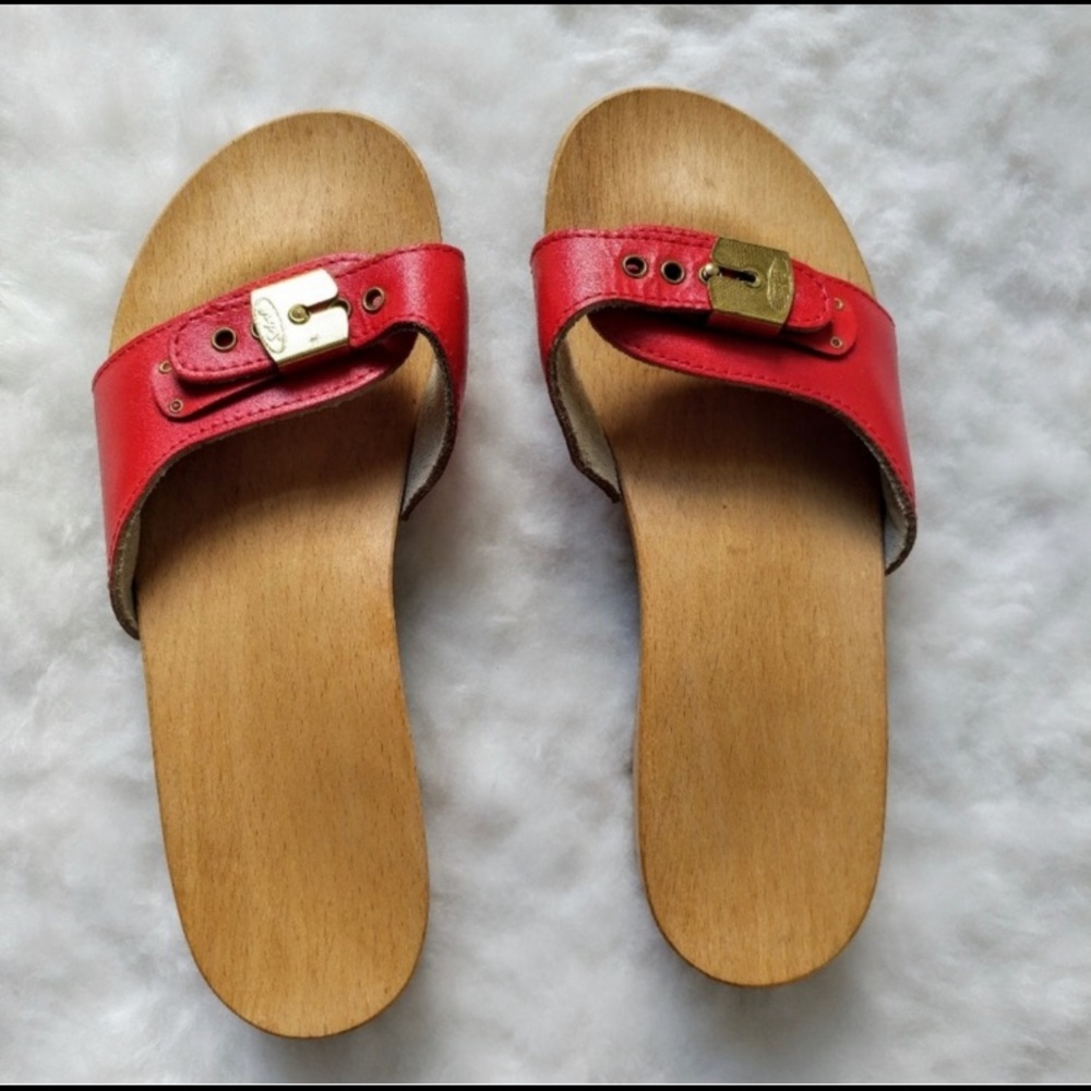 Dr. Scholl's ▪ Red Leather Real Wooden Sandals